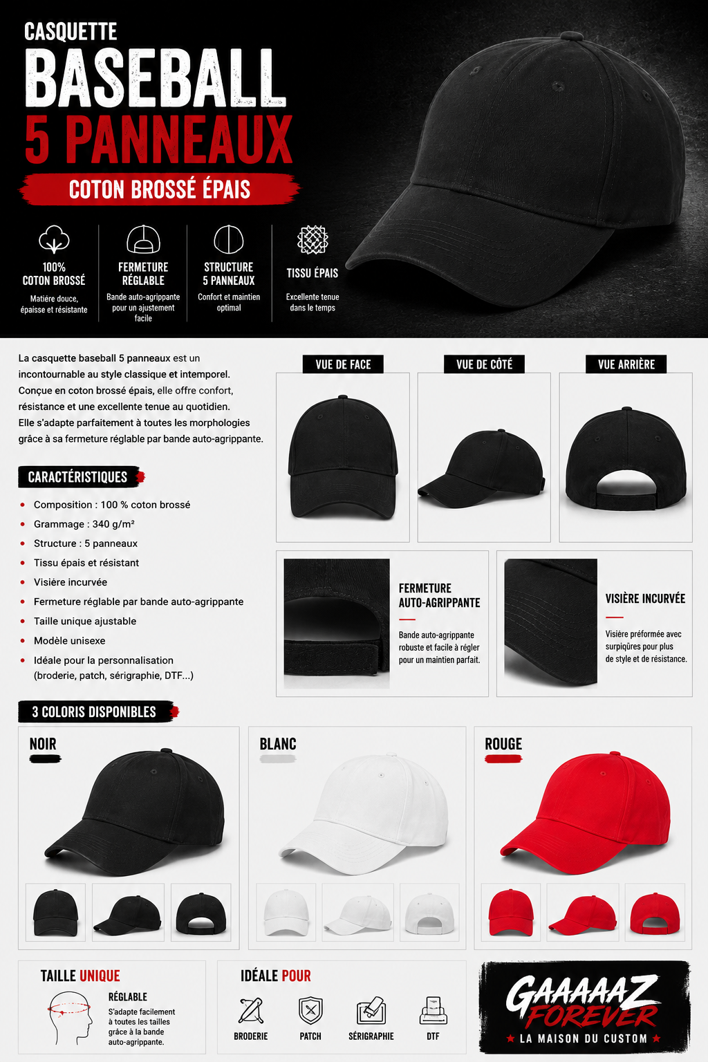 CASQUETTE BASEBALL 5 PANNEAUX Gamme essentiel
