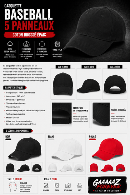 CASQUETTE BASEBALL 5 PANNEAUX  Gamme essentiel