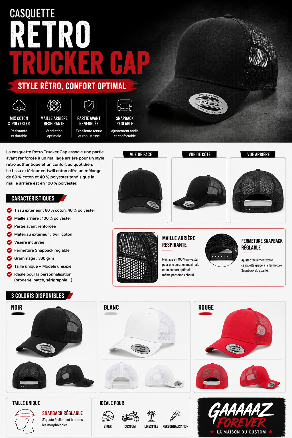 CASQUETTE RETRO TRUCKER Gamme ULTRA PREMIUM