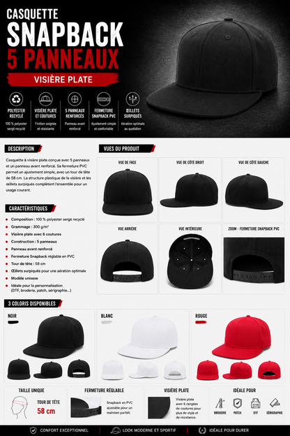 CASQUETTE SNAPBACK 5 PANNEAUX – VISIÈRE PLATE Gamme Premium