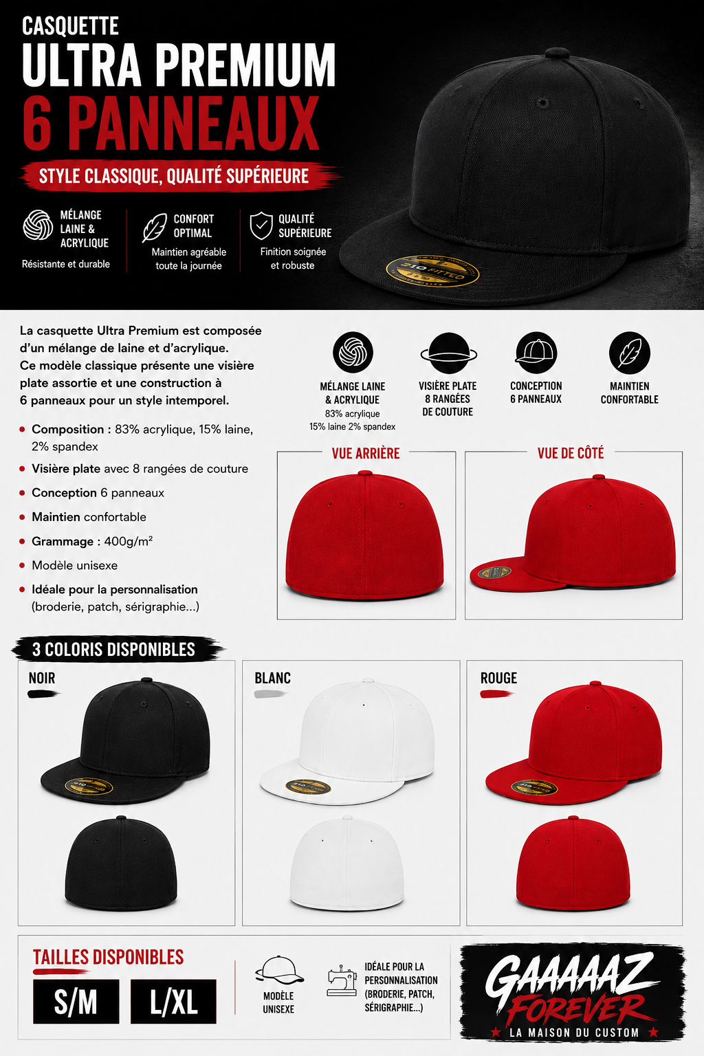 CASQUETTE 6 panneaux Gamme ULTRA PREMIUM